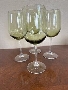 Pier 1 Hand Blown Pantiago Olive Green Avocado MCM Crystal Wine Glasses Set Of 4